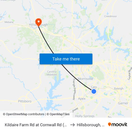 Kildaire Farm Rd at Cornwall Rd (Nb) to Hillsborough, NC map