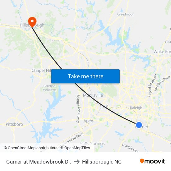 Garner at Meadowbrook Dr. to Hillsborough, NC map