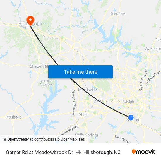 Garner Rd at Meadowbrook Dr to Hillsborough, NC map