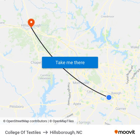 College Of Textiles to Hillsborough, NC map