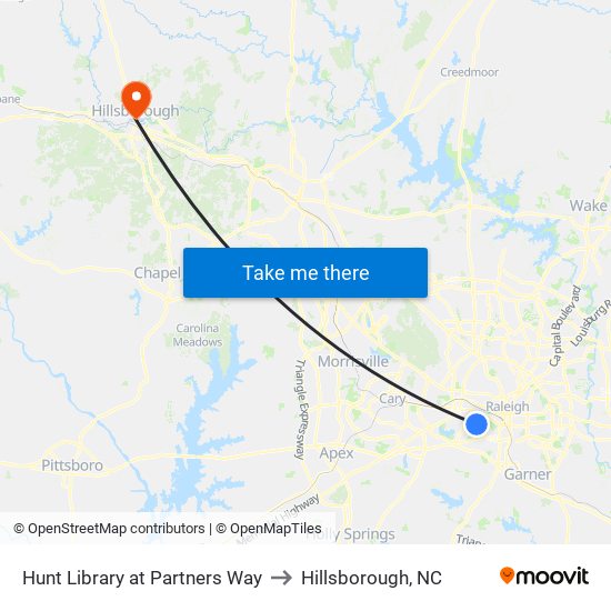 Hunt Library at Partners Way to Hillsborough, NC map