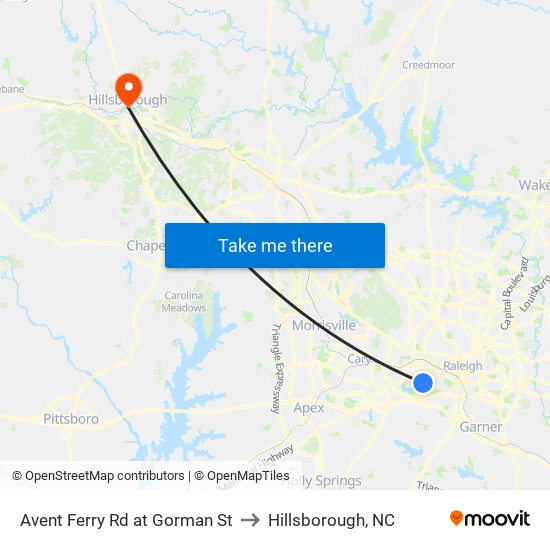 Avent Ferry Rd at Gorman St to Hillsborough, NC map