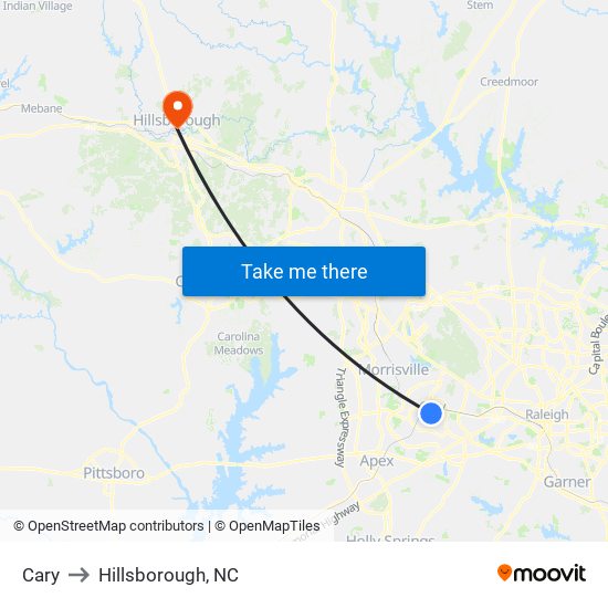 Cary to Hillsborough, NC map