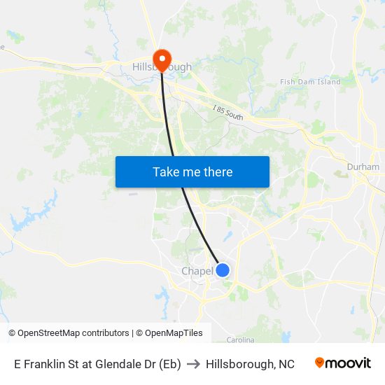 E Franklin St at Glendale Dr (Eb) to Hillsborough, NC map