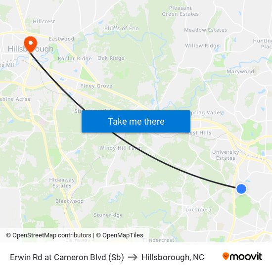 Erwin Rd at Cameron Blvd (Sb) to Hillsborough, NC map