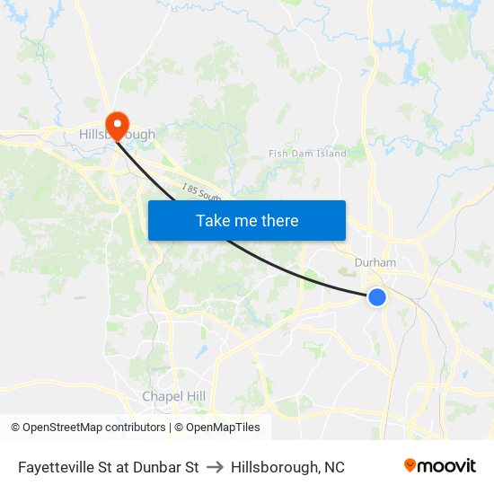 Fayetteville St at Dunbar St to Hillsborough, NC map