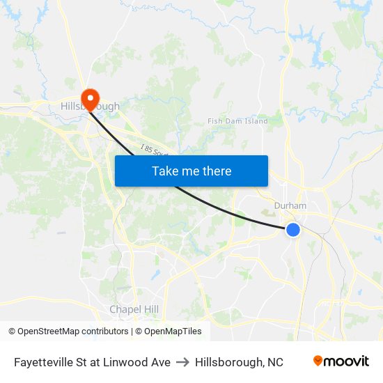 Fayetteville St at Linwood Ave to Hillsborough, NC map