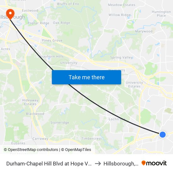 Durham-Chapel Hill Blvd at Hope Valley R to Hillsborough, NC map