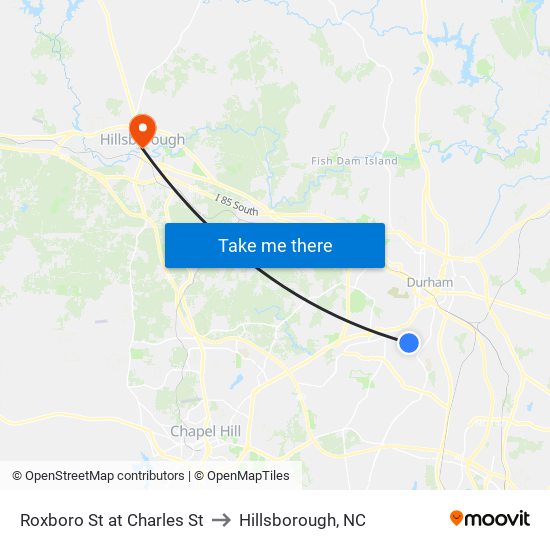 Roxboro St at Charles St to Hillsborough, NC map