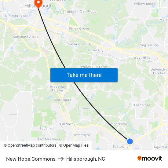 New Hope Commons to Hillsborough, NC map