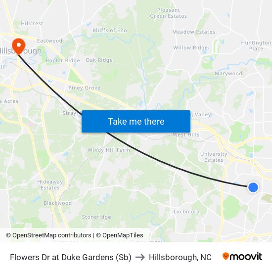 Flowers Dr at Duke Gardens (Sb) to Hillsborough, NC map