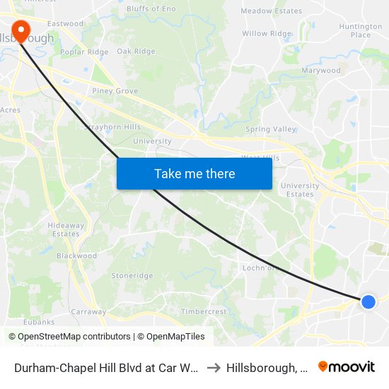 Durham-Chapel Hill Blvd at Car Wash to Hillsborough, NC map