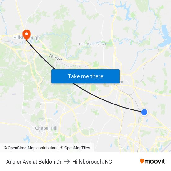 Angier Ave at Beldon Dr to Hillsborough, NC map
