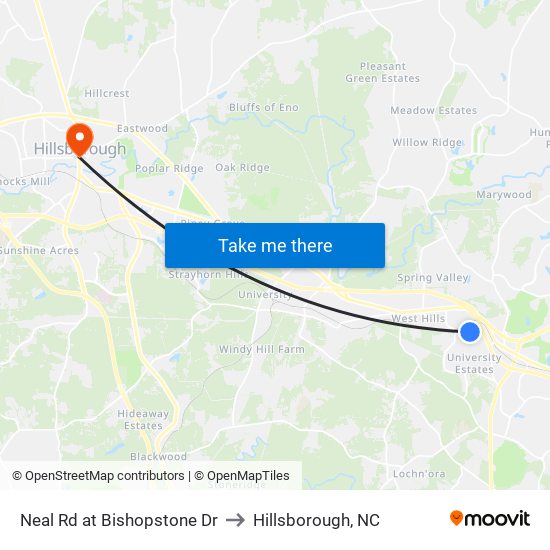Neal Rd at Bishopstone Dr to Hillsborough, NC map