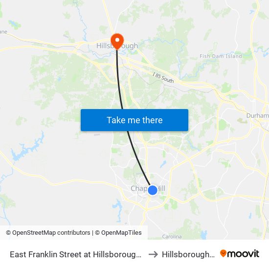 East Franklin Street at Hillsborough Street to Hillsborough, NC map