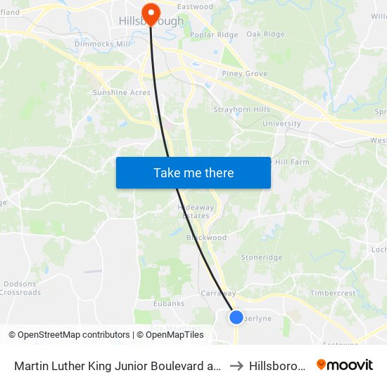 Martin Luther King Junior Boulevard at Westminster Drive to Hillsborough, NC map