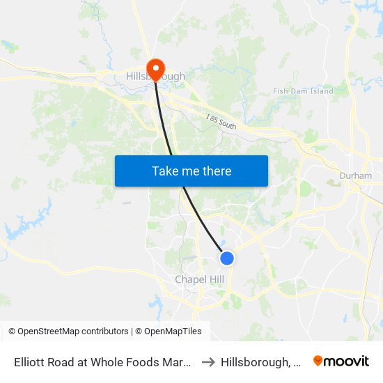 Elliott Road at Whole Foods Market to Hillsborough, NC map