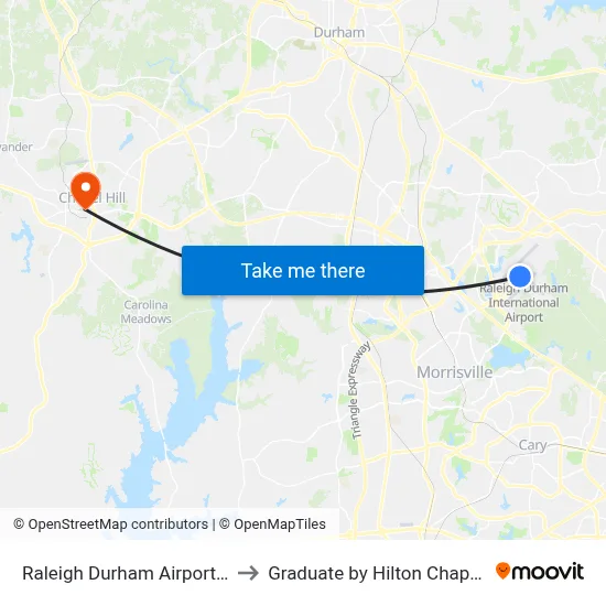 Raleigh Durham Airport RDU to Graduate by Hilton Chapel Hill map