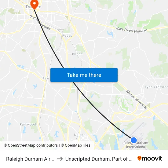 Raleigh Durham Airport RDU to Unscripted Durham, Part of JDV by Hyatt map