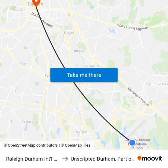 Raleigh-Durham Int'l Airport (RDU) to Unscripted Durham, Part of JDV by Hyatt map