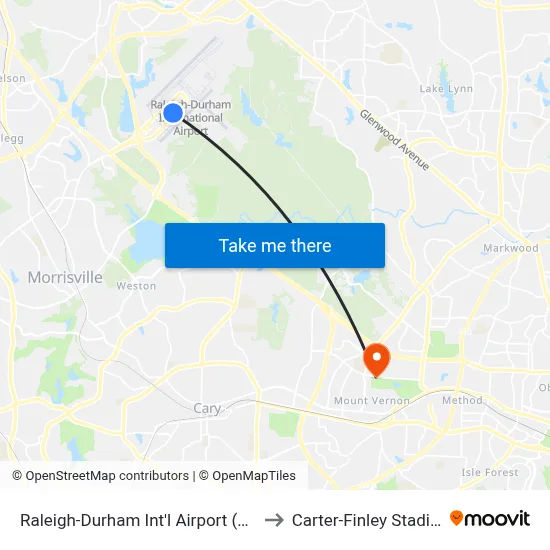 Raleigh-Durham Int'l Airport (RDU) to Carter-Finley Stadium map