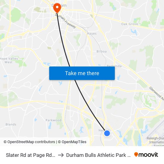 Slater Rd at Page Rd (Wb) to Durham Bulls Athletic Park - DBAP map