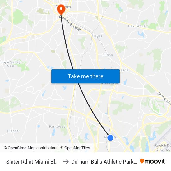 Slater Rd at Miami Blvd (Eb) to Durham Bulls Athletic Park - DBAP map