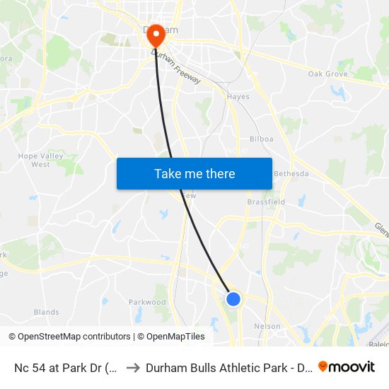 Nc 54 at Park Dr (Wb) to Durham Bulls Athletic Park - DBAP map