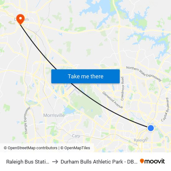 Raleigh Bus Station to Durham Bulls Athletic Park - DBAP map