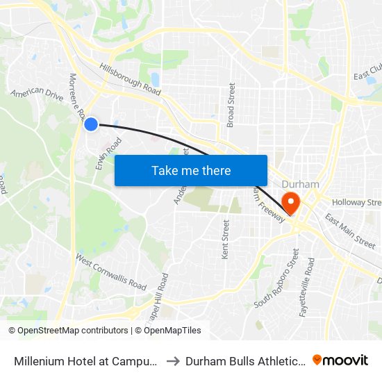 Millenium Hotel at Campus Walk Ave (Eb) to Durham Bulls Athletic Park - DBAP map