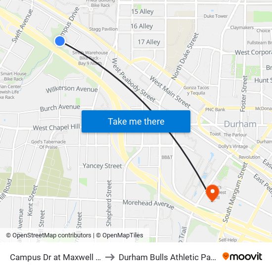 Campus Dr at Maxwell Ave (Eb) to Durham Bulls Athletic Park - DBAP map