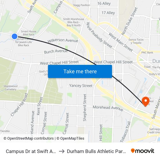 Campus Dr at Swift Ave (Eb) to Durham Bulls Athletic Park - DBAP map