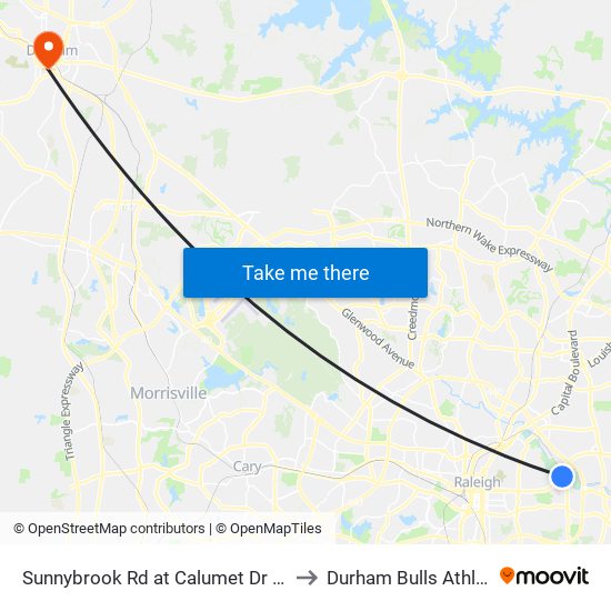 Sunnybrook Rd at Calumet Dr (Wakemed Medical Park) to Durham Bulls Athletic Park - DBAP map