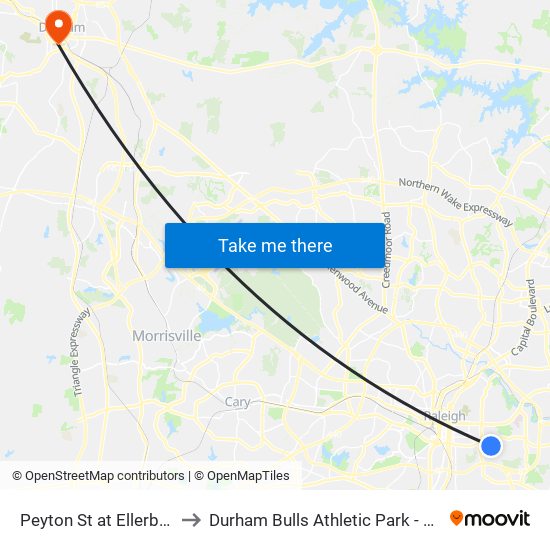 Peyton St at Ellerbe Ln to Durham Bulls Athletic Park - DBAP map