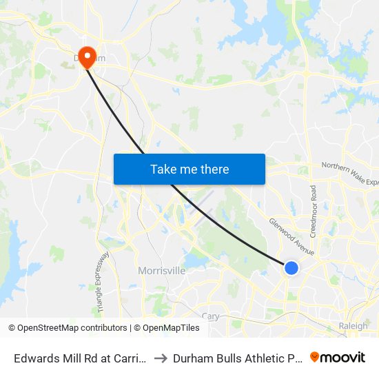 Edwards Mill Rd at Carriage Dr (Sb) to Durham Bulls Athletic Park - DBAP map