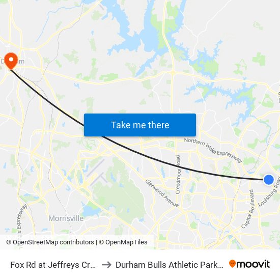 Fox Rd at Jeffreys Creek Ln to Durham Bulls Athletic Park - DBAP map