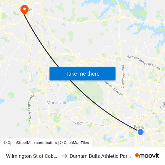 Wilmington St at Cabarrus St to Durham Bulls Athletic Park - DBAP map
