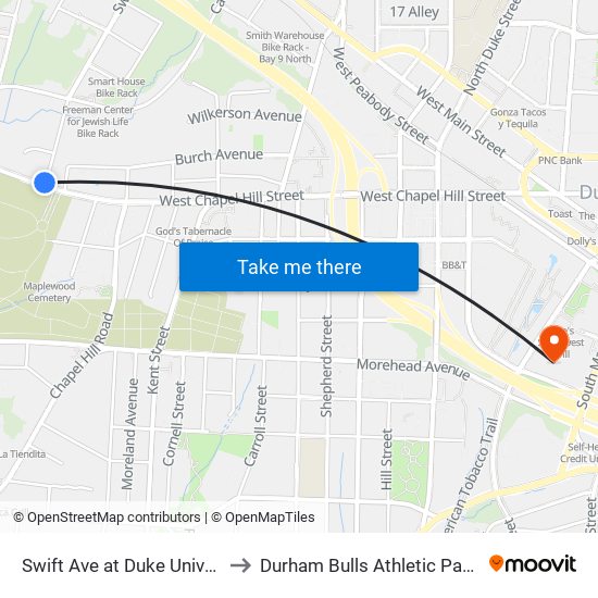 Swift Ave at Duke University Rd to Durham Bulls Athletic Park - DBAP map