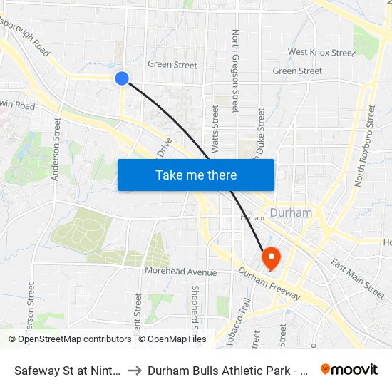 Safeway St at Ninth St to Durham Bulls Athletic Park - DBAP map