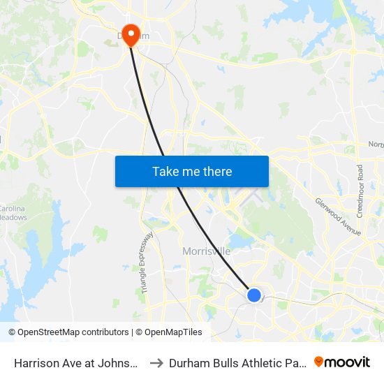 Harrison Ave at Johnson St (Sb) to Durham Bulls Athletic Park - DBAP map