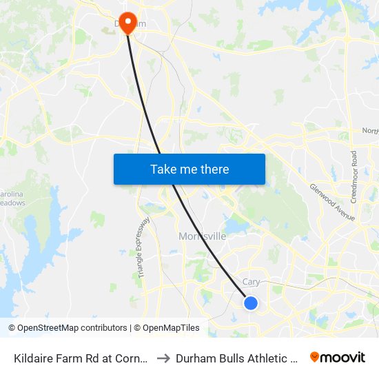 Kildaire Farm Rd at Cornwall Rd (Nb) to Durham Bulls Athletic Park - DBAP map