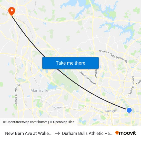 New Bern Ave at Wakemed (Eb) to Durham Bulls Athletic Park - DBAP map