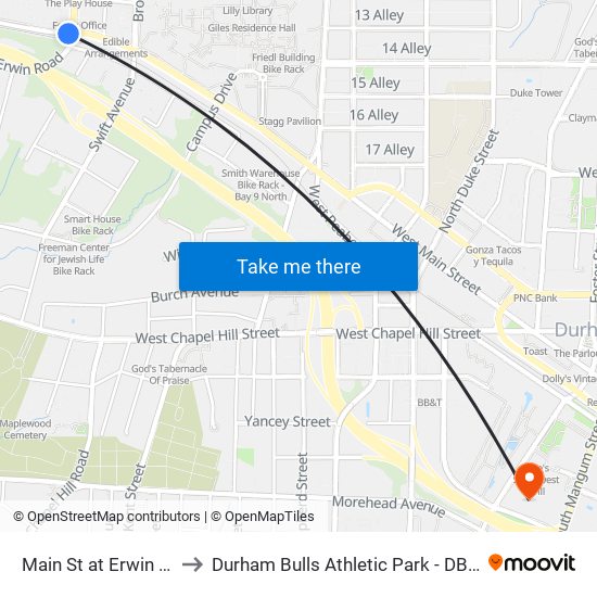 Main St at Erwin Rd to Durham Bulls Athletic Park - DBAP map