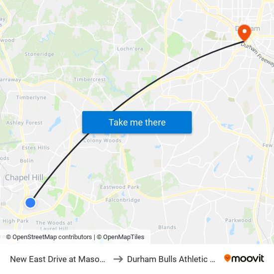 New East Drive at Mason Farm Road to Durham Bulls Athletic Park - DBAP map