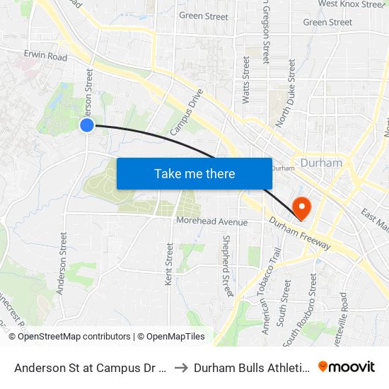 Anderson St at Campus Dr Lot (Southbound) to Durham Bulls Athletic Park - DBAP map