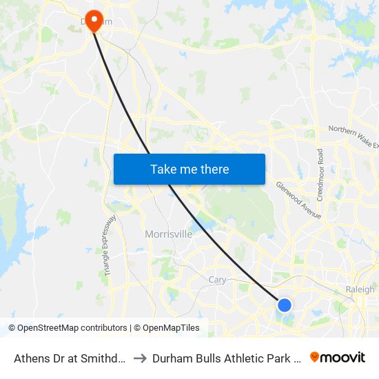 Athens Dr at Smithdale Dr to Durham Bulls Athletic Park - DBAP map