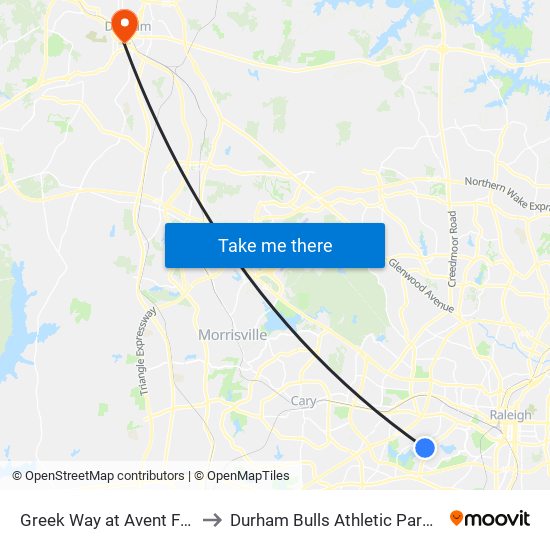 Greek Way at Avent Ferry Rd to Durham Bulls Athletic Park - DBAP map