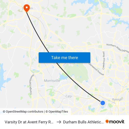 Varsity Dr at Avent Ferry Rd (Carolyn Apts) to Durham Bulls Athletic Park - DBAP map