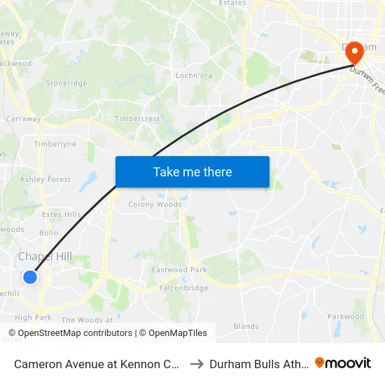 Cameron Avenue at Kennon Cheek/Rebecca Clark Building to Durham Bulls Athletic Park - DBAP map