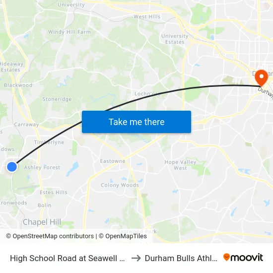 High School Road at Seawell School Road Westbound to Durham Bulls Athletic Park - DBAP map